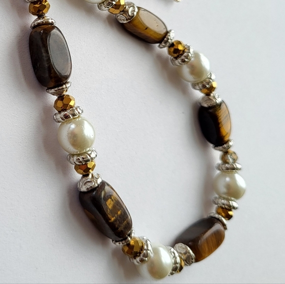genuine tiger eye with glass pearls crystal necklace - Picture 3 of 5